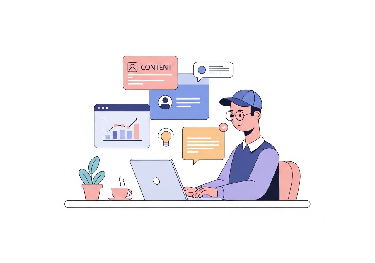 An illustration showing a freelance writer at a desk working on a laptop, representing the concept of freelance writing.