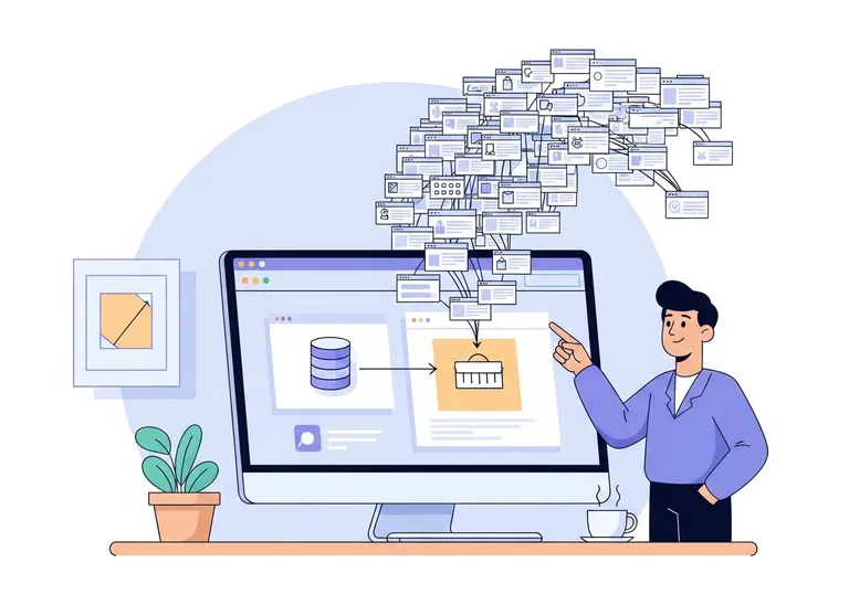 An illustration showing the concept of programmatic SEO, where data and templates are combined on a computer to automatically generate many web pages.