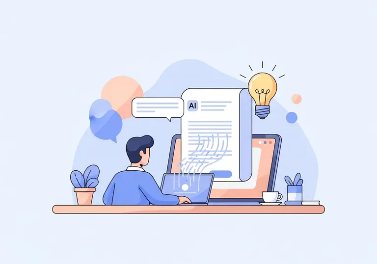 A digital illustration of a word start AI tool helping a marketer write content on a laptop.