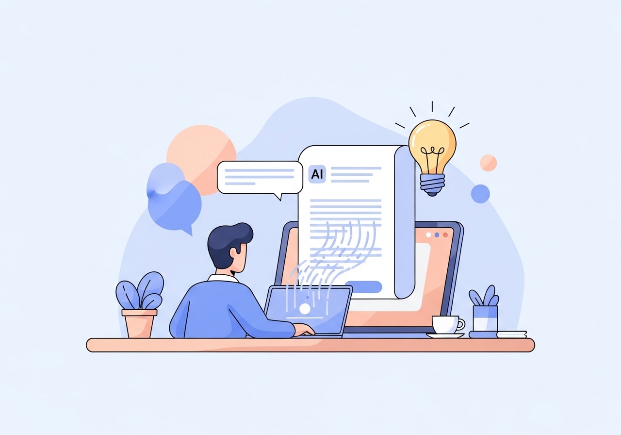 A digital illustration of a word start AI tool helping a marketer write content on a laptop.