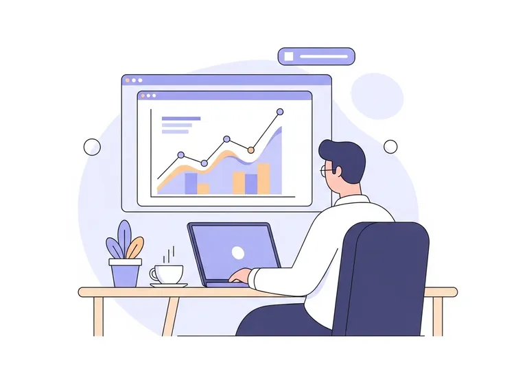 Illustration of a small business owner using a laptop to track SEO growth, representing affordable SEO for small business.