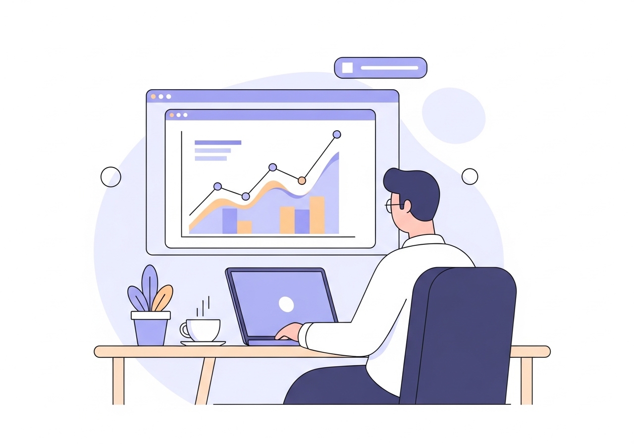 Illustration of a small business owner using a laptop to track SEO growth, representing affordable SEO for small business.