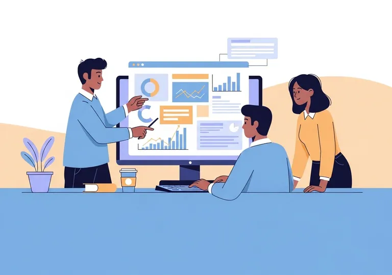 A team of marketing professionals using AI tools on a large monitor to analyze data and plan strategy.