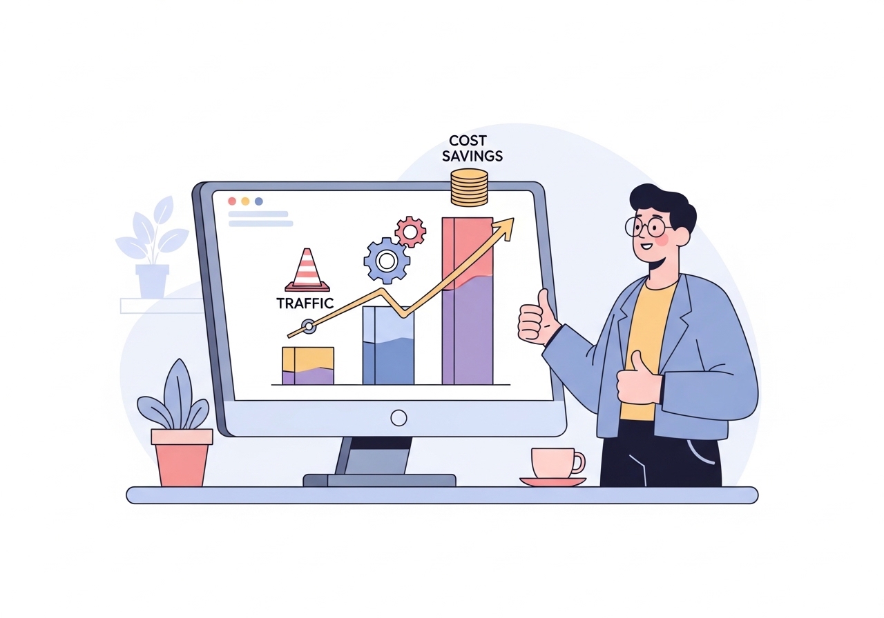 An illustration of a chart showing increased traffic and efficiency, key benefits of using AI for content.