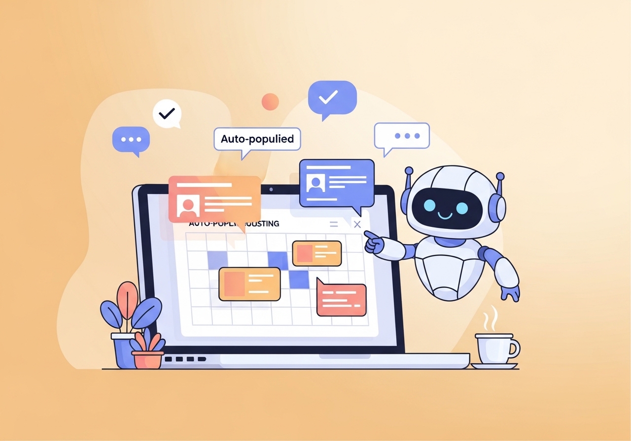 An illustration of an AI robot automatically filling a content calendar on a laptop screen, representing marketing automation.