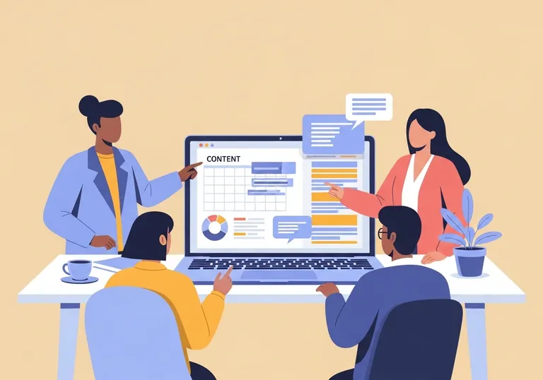A vector illustration of a team using AI content creation tools to manage their blog calendar on a laptop.