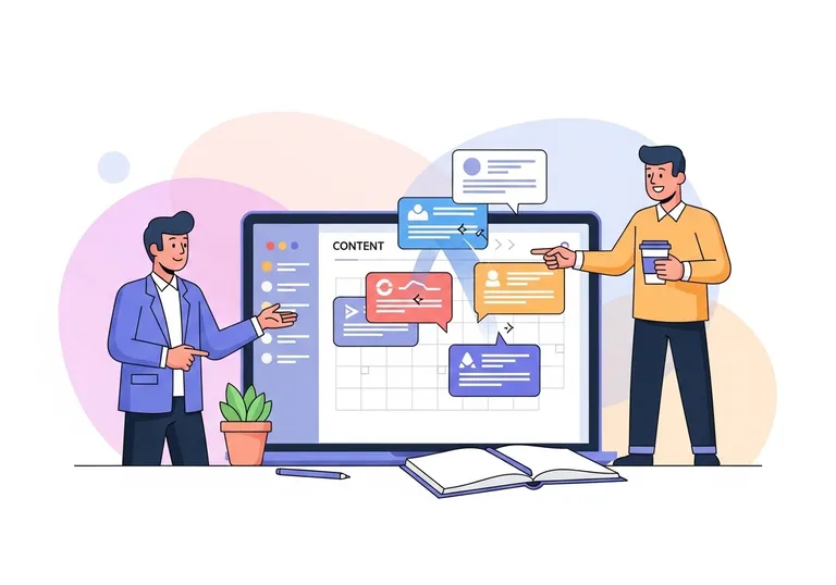 Illustration of a team using an AI powered content creation platform to automate their blog content calendar.