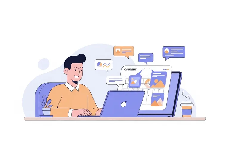 Digital illustration of a marketer using AI-powered content generation to automate their blog calendar.
