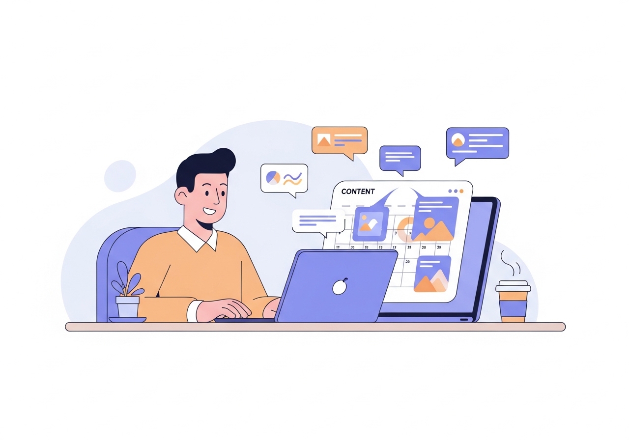 Digital illustration of a marketer using AI-powered content generation to automate their blog calendar.
