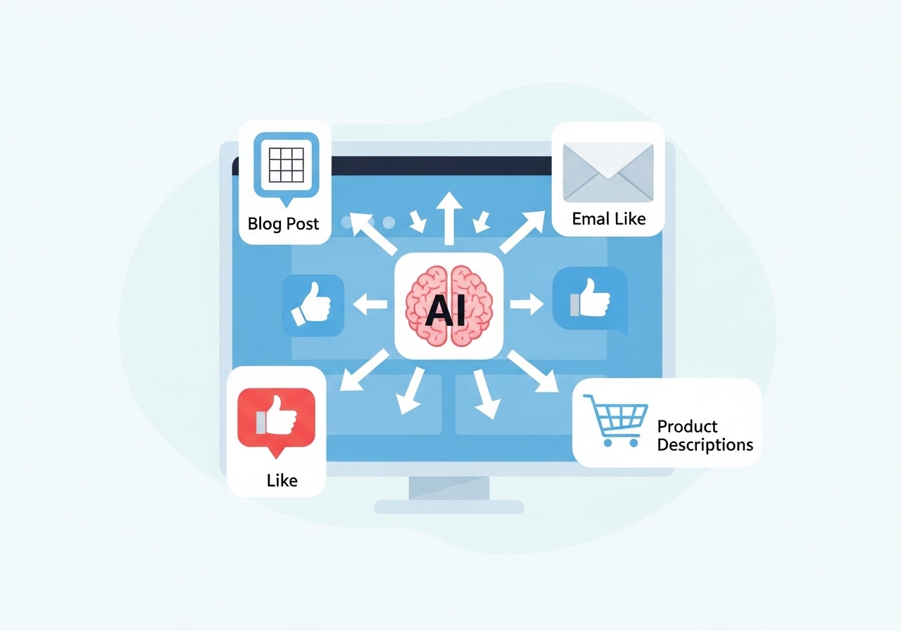 Illustration of icons representing various marketing applications for AI writing, including blogs, social media, and email.