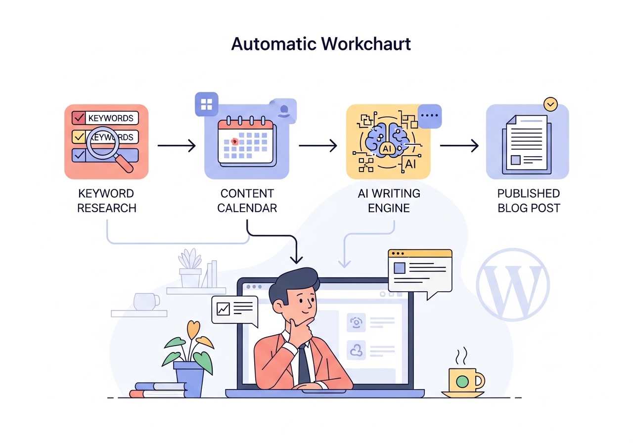 Diagram showing an automated AI writing workflow from keyword research to final blog post publication.
