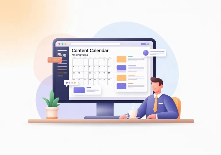 A digital illustration of a professional reviewing a content calendar on a monitor, representing the process to automate blog posting.