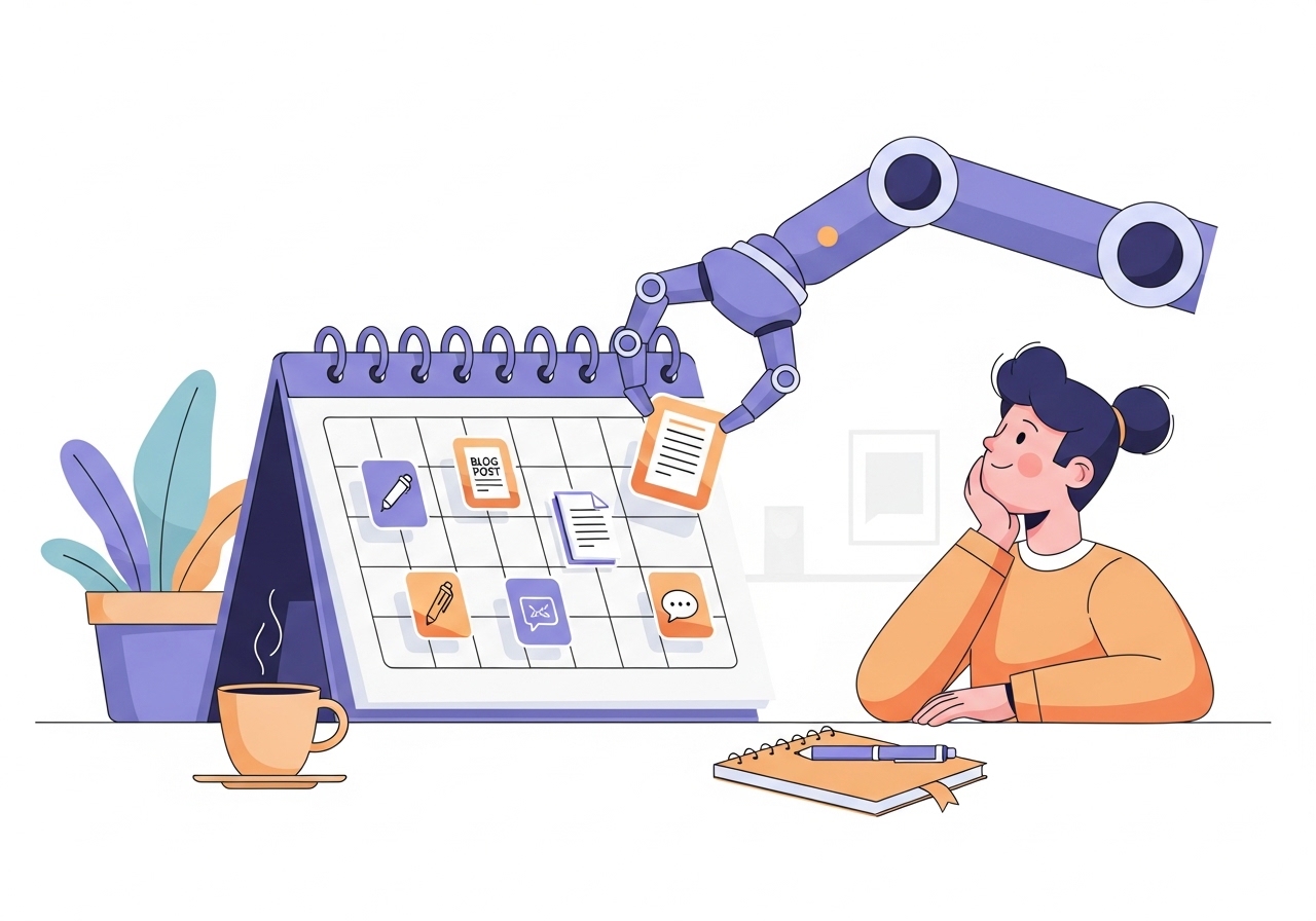 Illustration of an automated content calendar being filled by an AI, representing the efficiency of modern content tools.