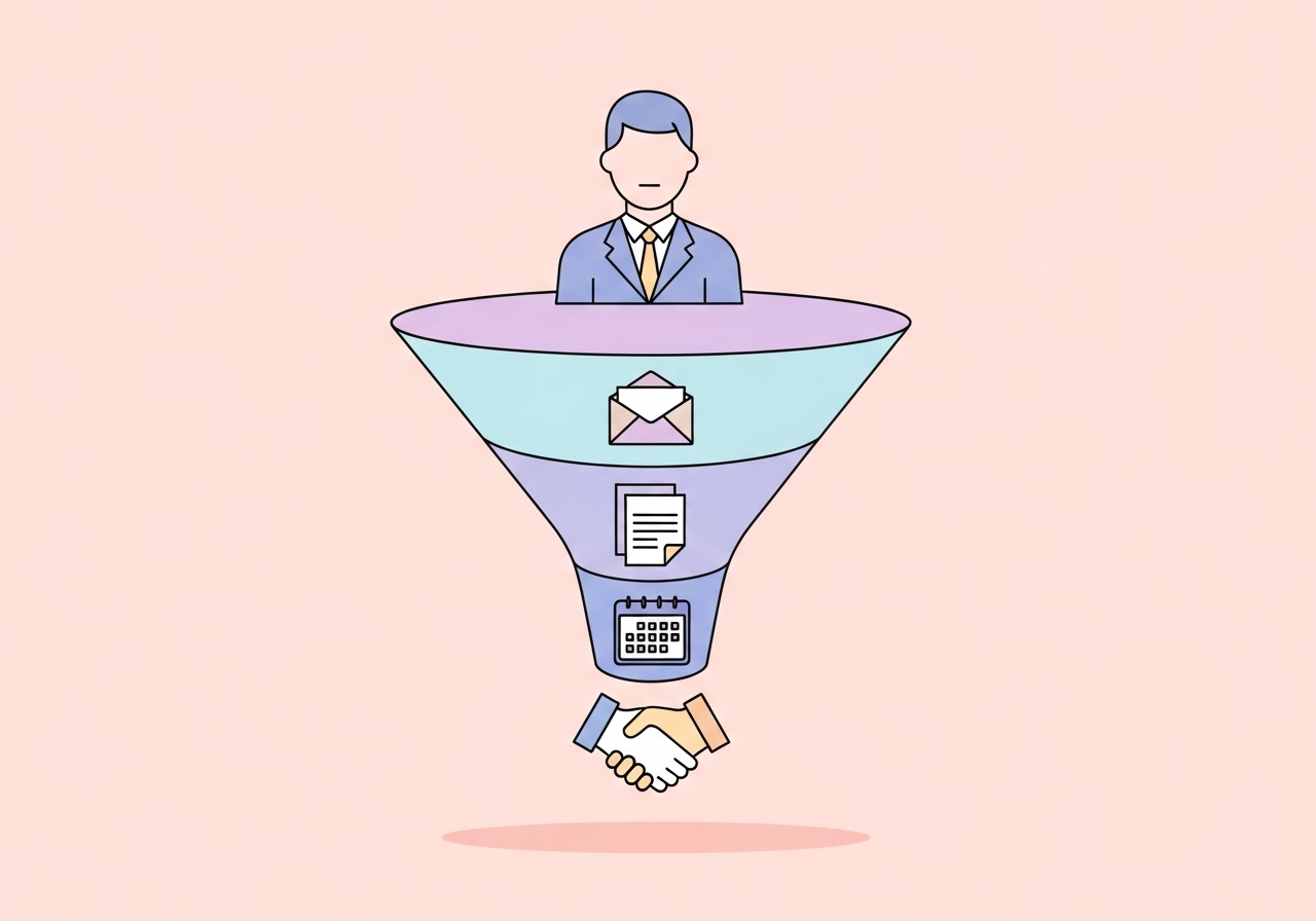 A vector graphic showing an automated email marketing funnel for lead nurturing.