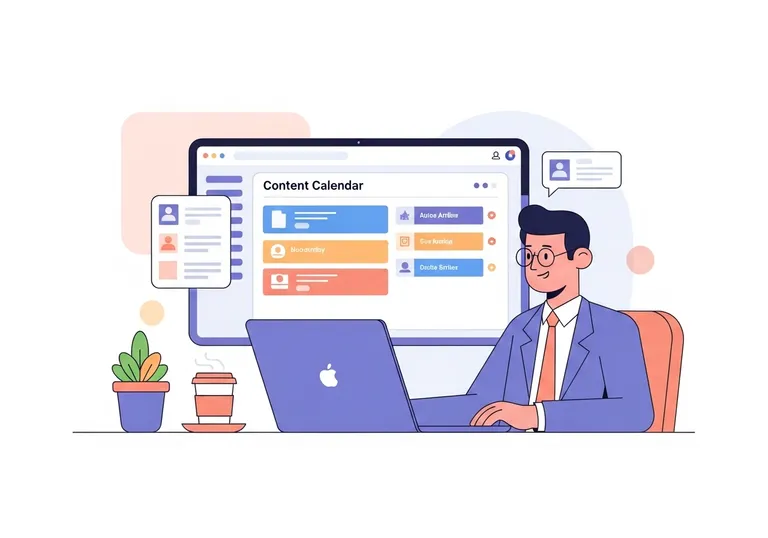 Illustration of a marketing professional using an automatic writing tool on a laptop to manage a full content calendar.