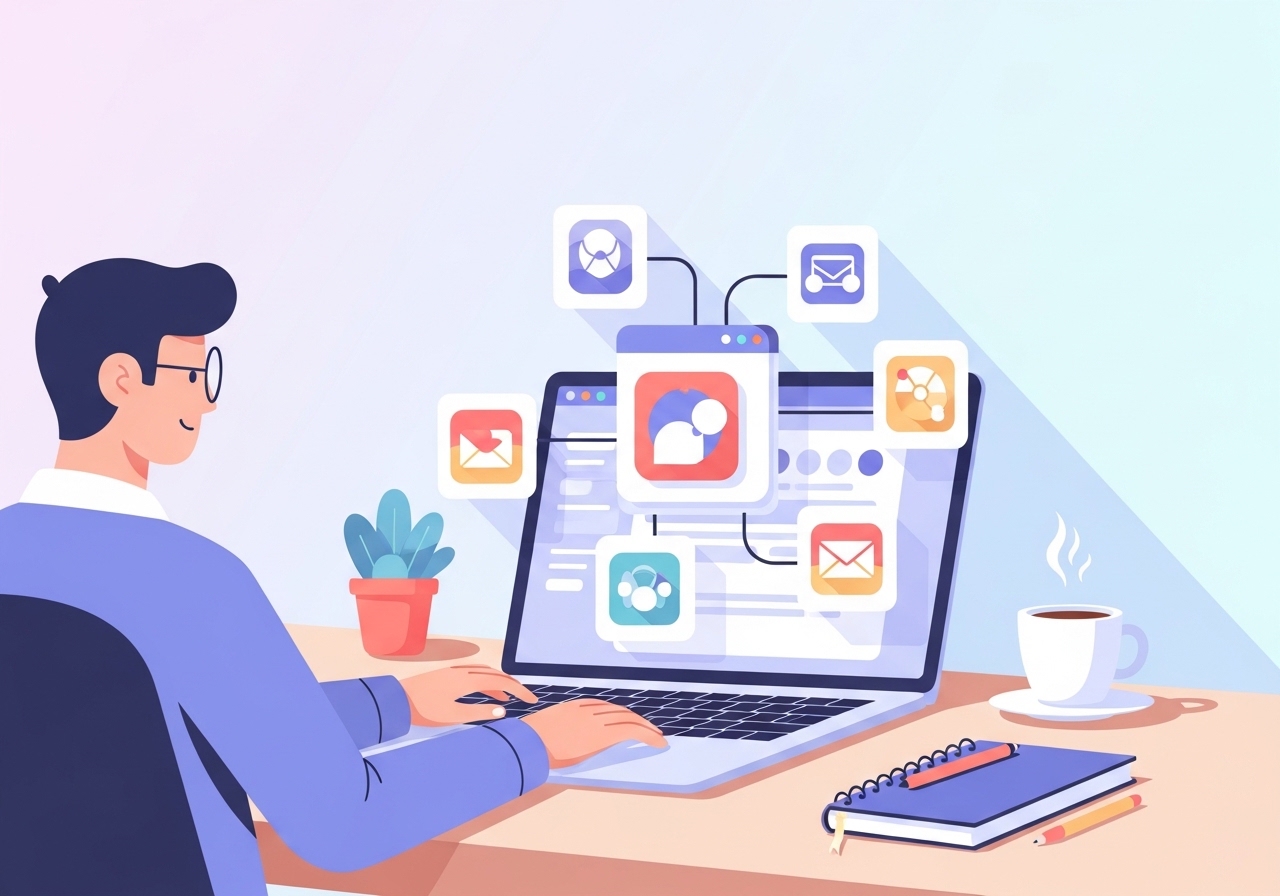 An illustration of a tech stack with integrated apps for automating a freelance business.