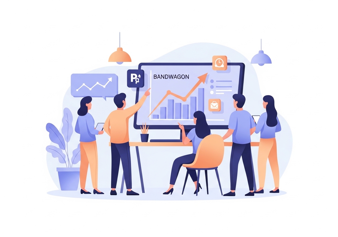 Illustration of marketers analyzing a trend graph, representing bandwagon effect advertising examples.