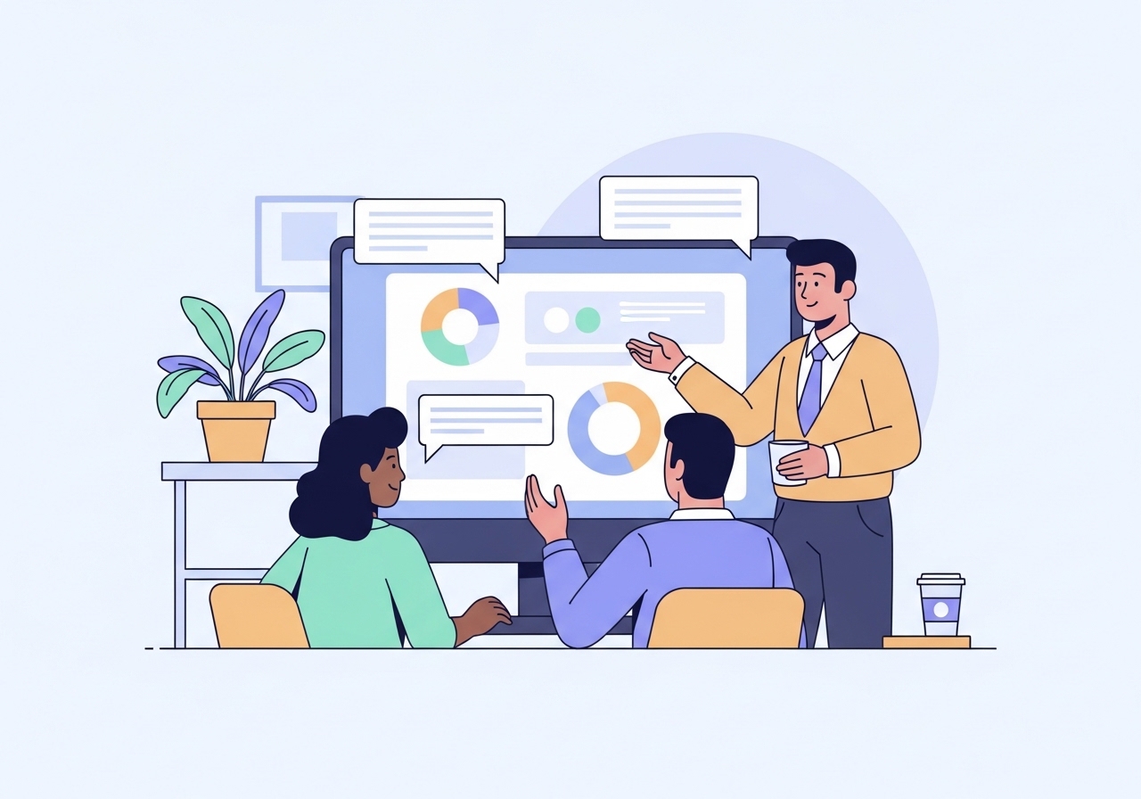 An illustration of a professional team reviewing BEC written communication examples on a large monitor.