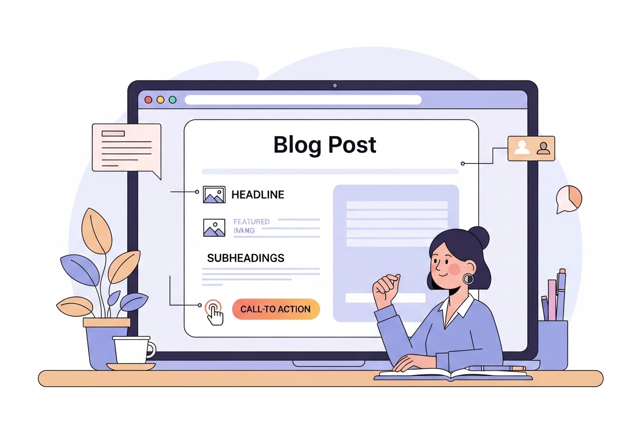 An illustration showing the anatomical structure of a typical blog post, including headlines, body copy, and images.