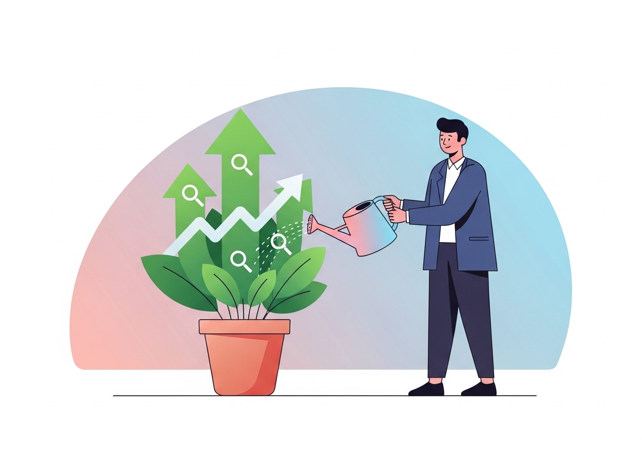 Illustration symbolizing how blog posts contribute to SEO and business growth, with a person watering a plant with upward arrows.