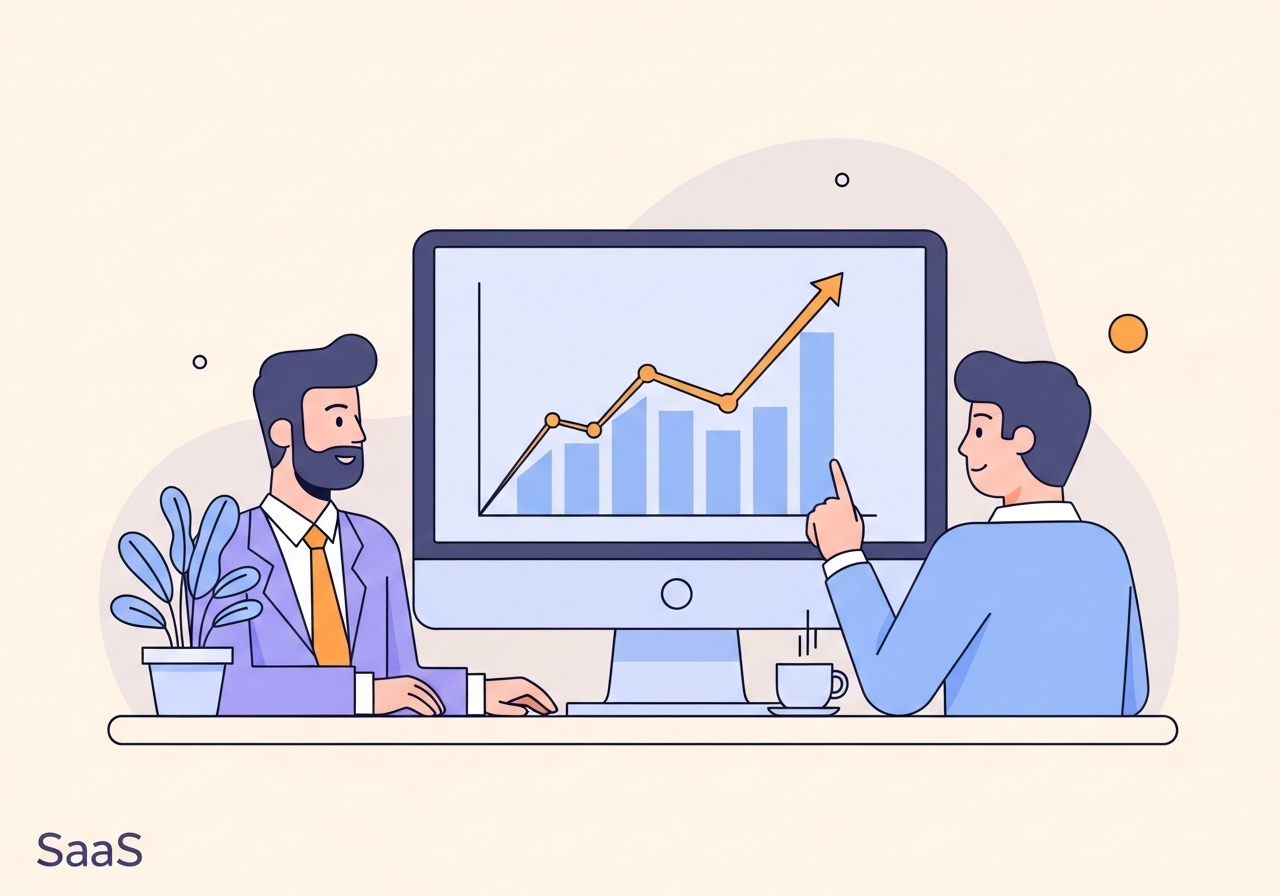 Illustration of professionals analyzing a rising graph on a computer, representing how to get more blog traffic.