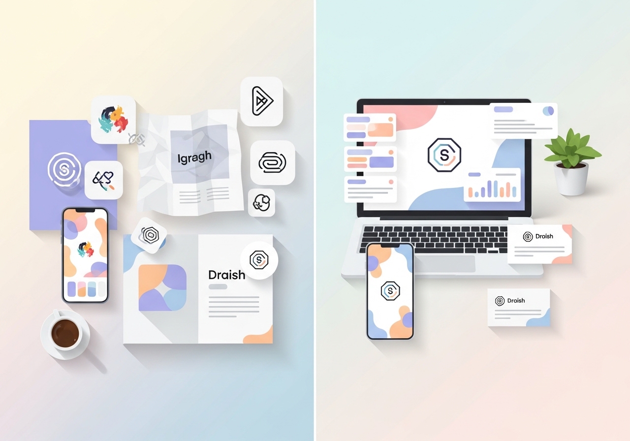 A comparison illustration showing the impact of brand consistency versus inconsistency across different marketing materials.