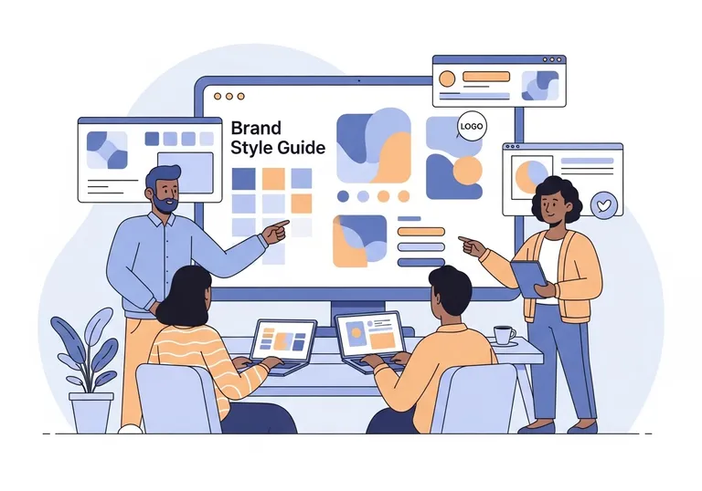 An illustration showing a team collaborating on a brand management strategy using a large monitor displaying brand guidelines.