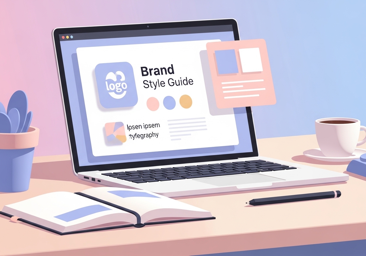 A vector illustration of a brand style guide on a laptop screen, showing the core components of branding.