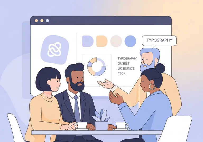 An illustration showing a marketing team discussing branding in marketing, with brand identity components on a screen.