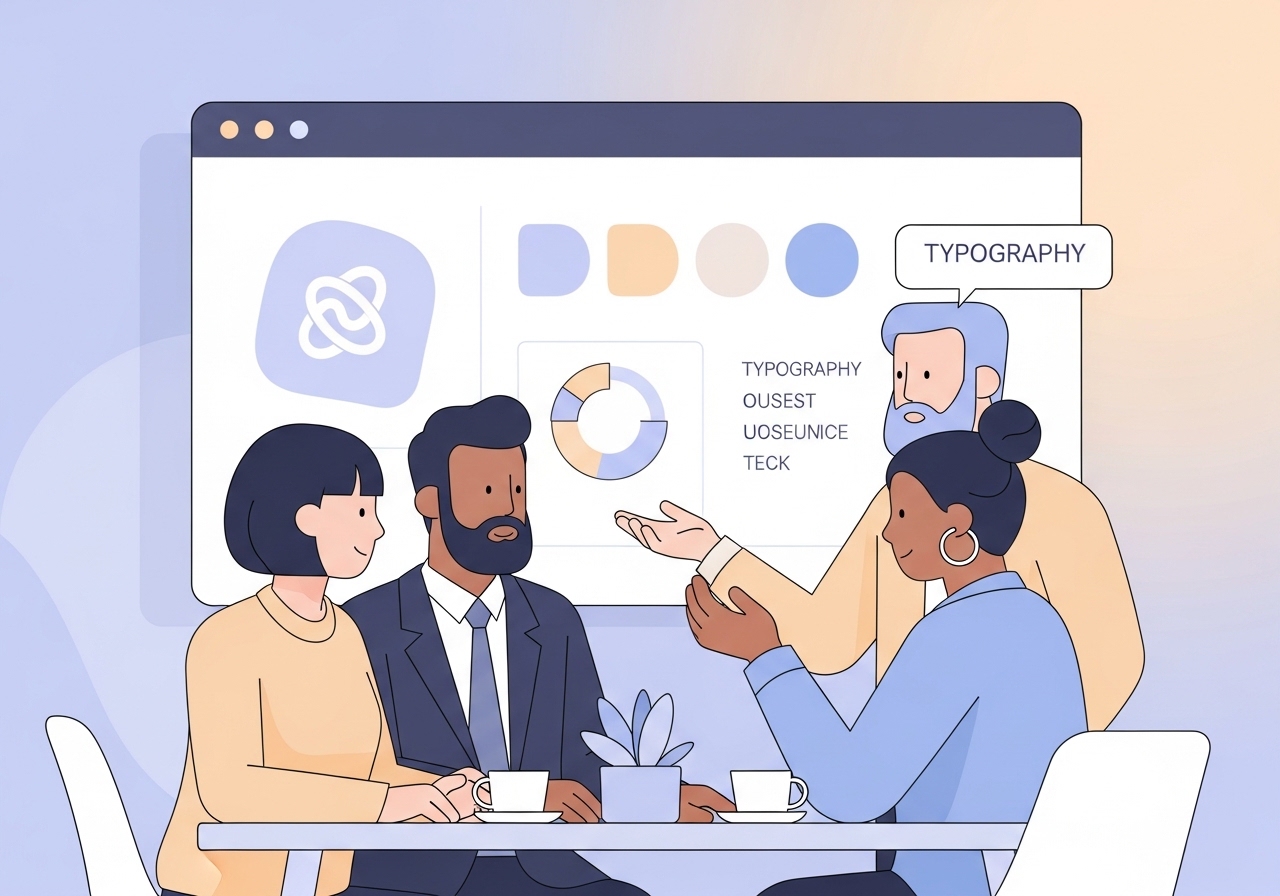 An illustration showing a marketing team discussing branding in marketing, with brand identity components on a screen.