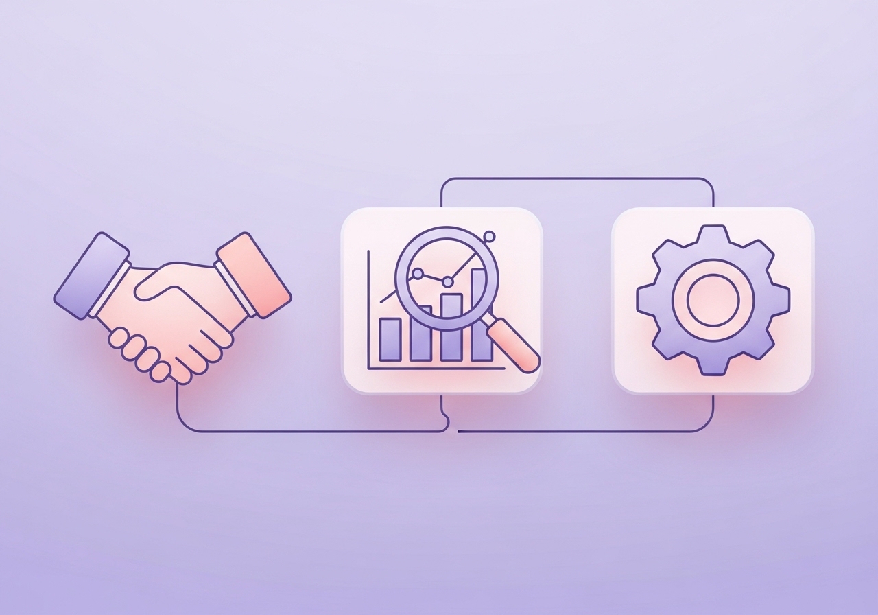 An illustration of icons representing the core functions of business development: partnerships, market analysis, and strategy.