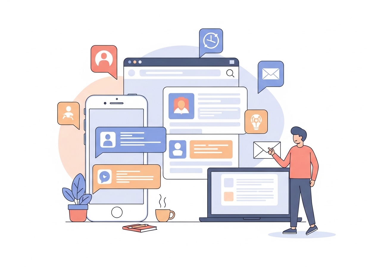 An illustration of consistent brand messaging across multiple marketing channels on different devices.
