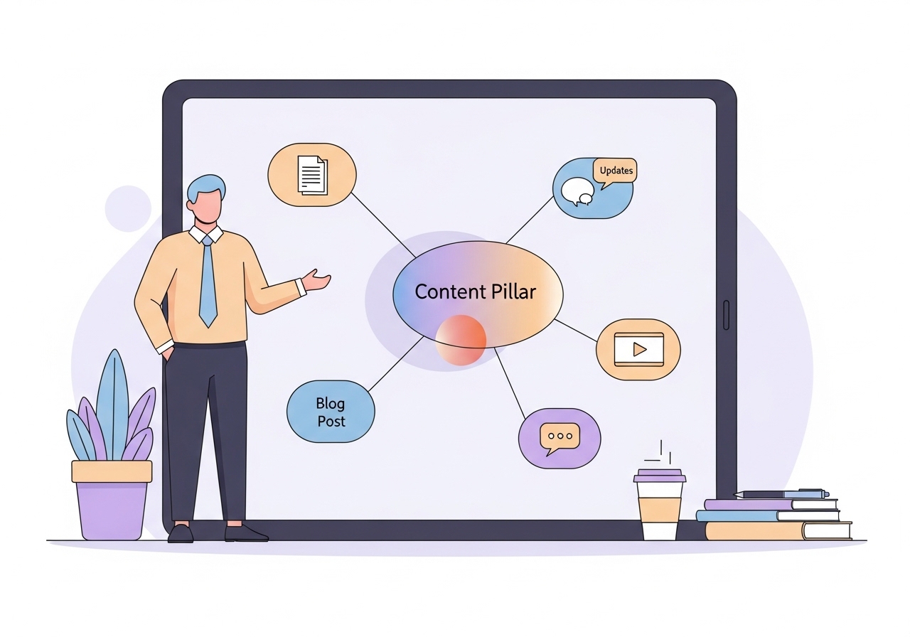 Illustration of a content pillar strategy for social media, showing a central topic branching into smaller content ideas.