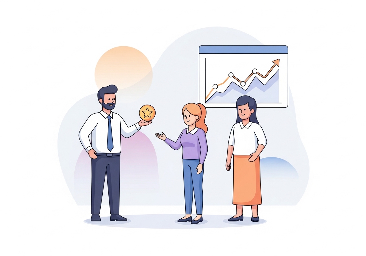 Illustration showing a manager recognizing the growth and accomplishments of a direct report.