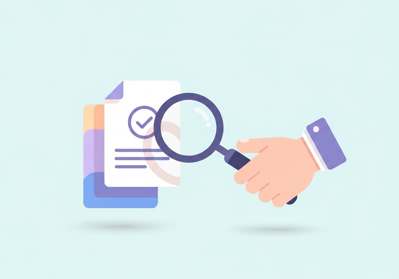 Illustration representing core integrity marketing principles like transparency, with a magnifying glass over a document.