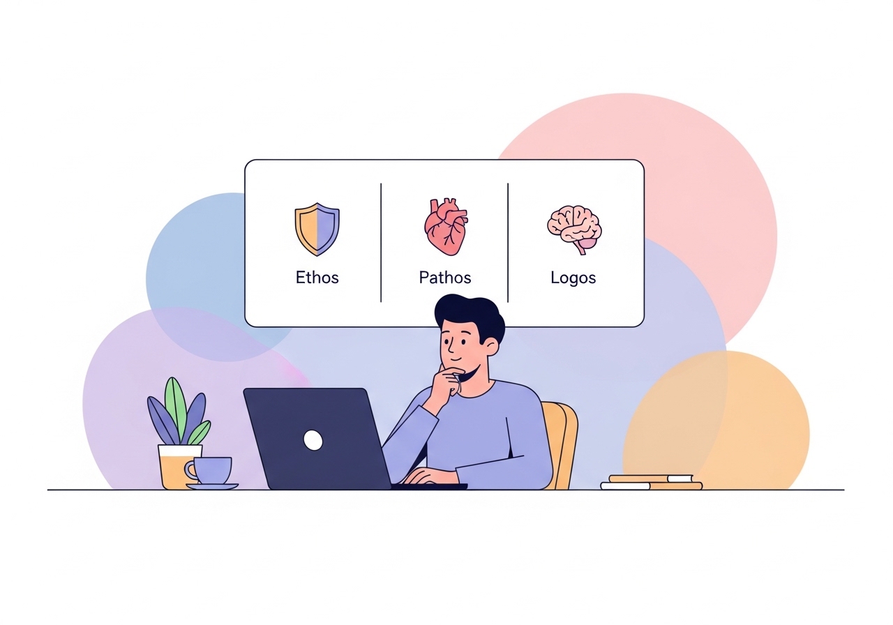 An illustration showing the three pillars of persuasive writing: ethos (credibility), pathos (emotion), and logos (logic).