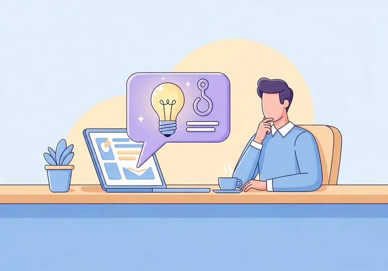 An illustration of a content creator having an idea for a good content hook while working on a laptop.