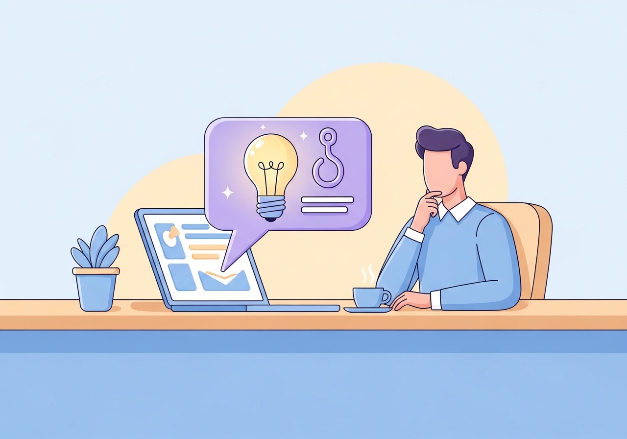 An illustration of a content creator having an idea for a good content hook while working on a laptop.
