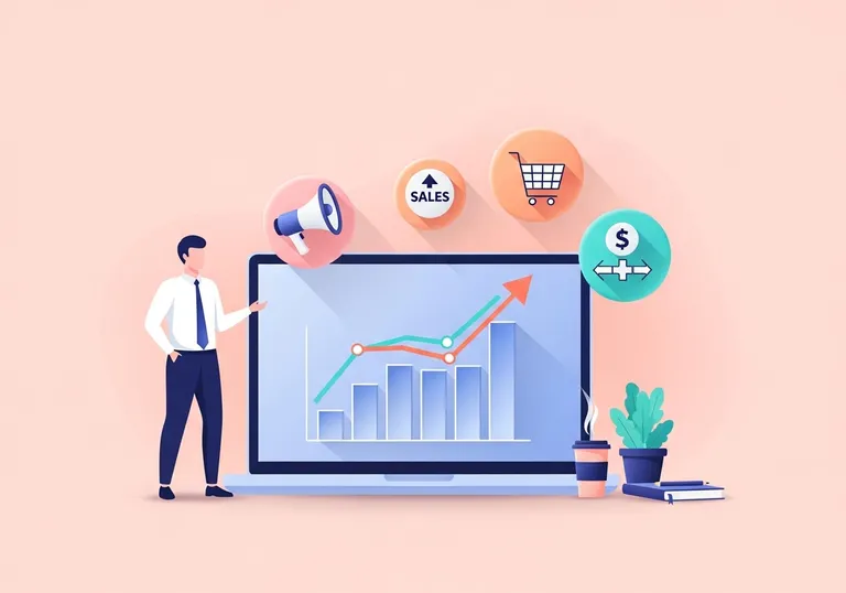 An illustration showing how to freelance brand scale, with a person looking at a growth chart on a laptop.
