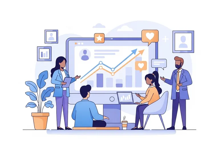 An illustration of a marketing team discussing an integrity marketing strategy with positive growth charts on a screen.