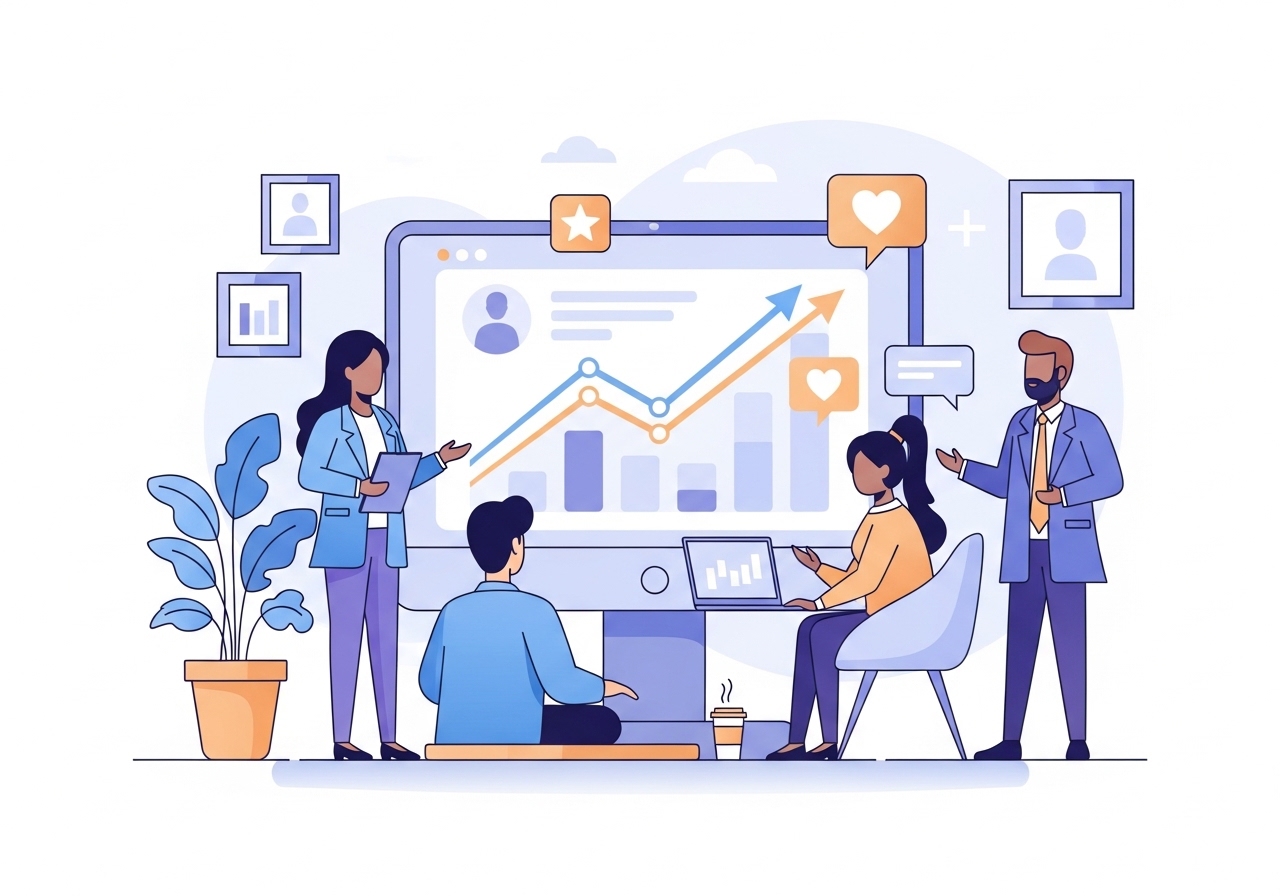 An illustration of a marketing team discussing an integrity marketing strategy with positive growth charts on a screen.