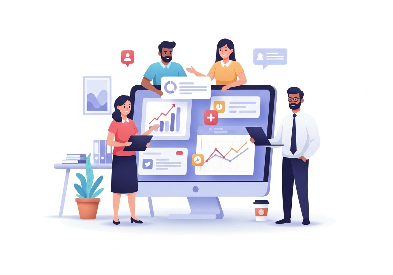 A vector illustration showing a team discussing a strategy for lead generation for marketing agencies.