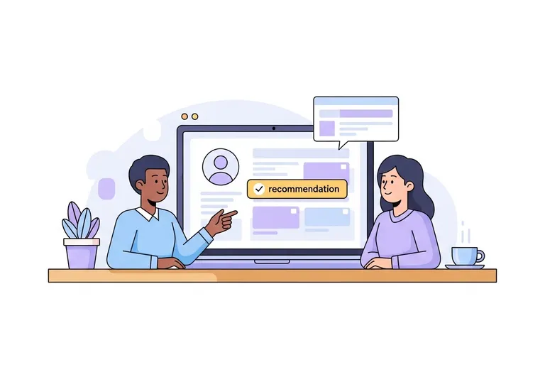 Illustration of two professionals reviewing LinkedIn recommendation examples on a laptop screen.