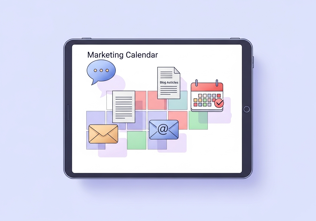 An illustration showing key components like icons for blog posts and social media being added to a marketing calendar.