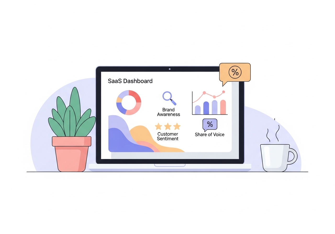 A dashboard showing key metrics for measuring brand marketing success, including brand awareness and customer sentiment.