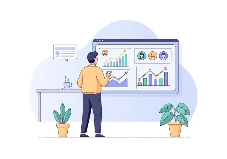 Illustration showing a professional analyzing charts that represent positive customer impact and business growth.