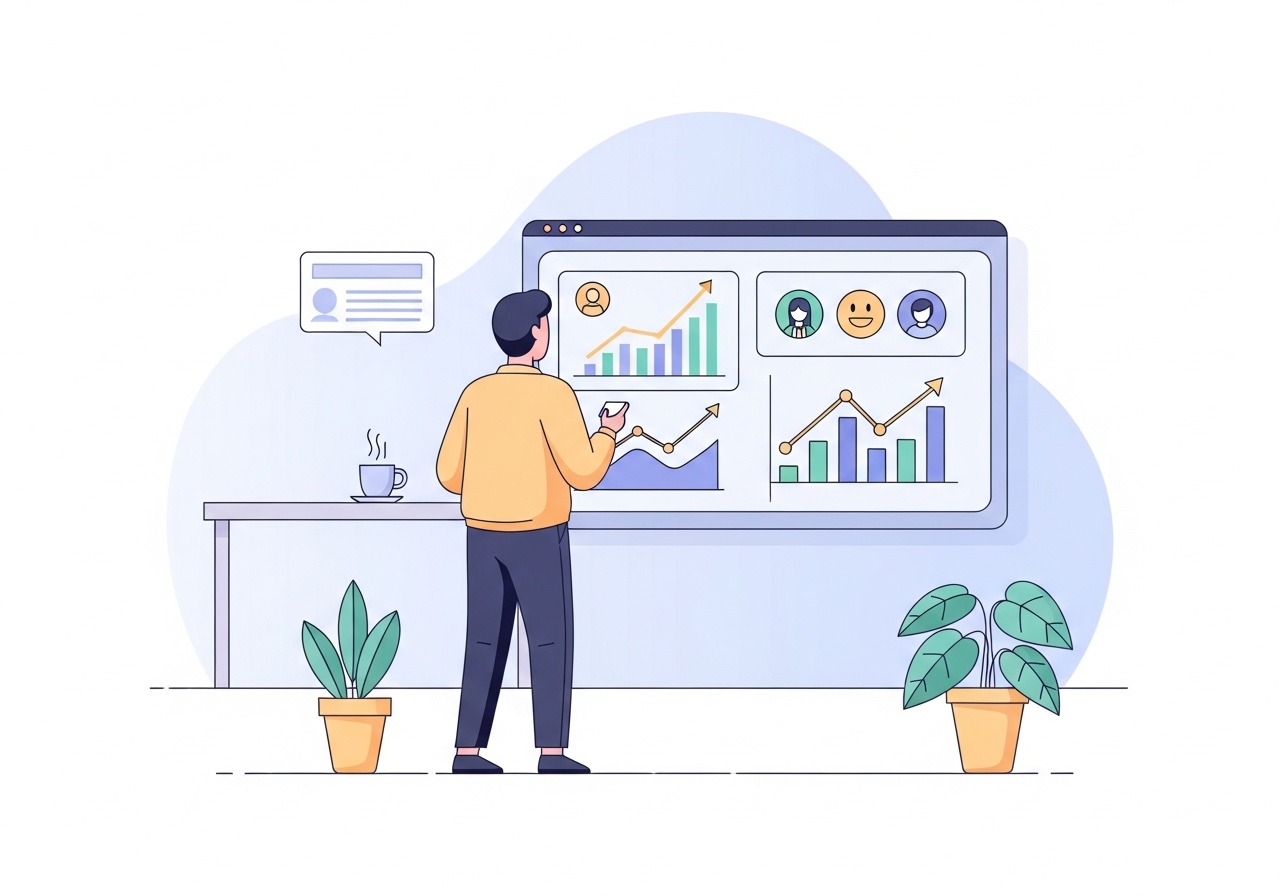 Illustration showing a professional analyzing charts that represent positive customer impact and business growth.