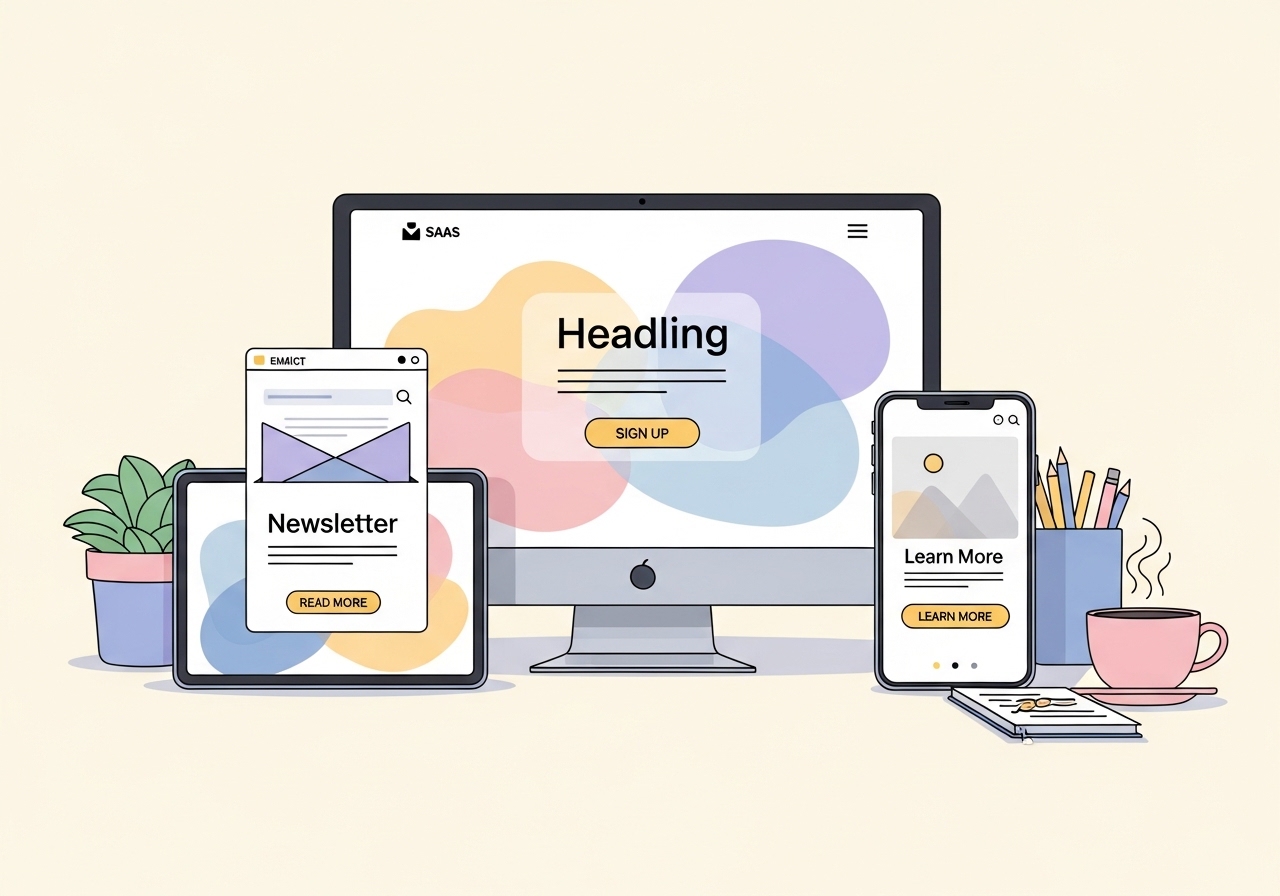 An illustration of persuasive writing techniques applied across different marketing content formats like landing pages and emails.