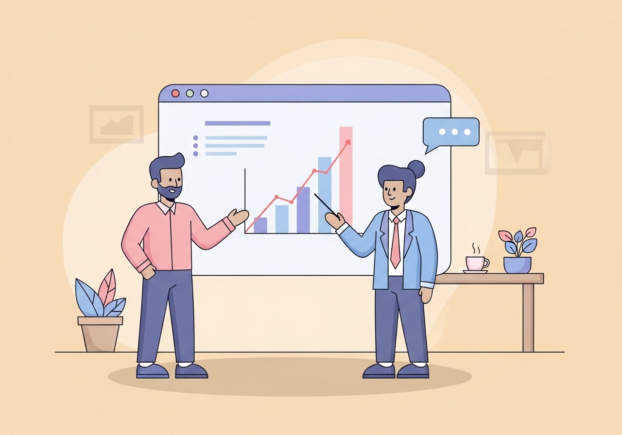 An illustration showing a clear project status report with charts and data points.