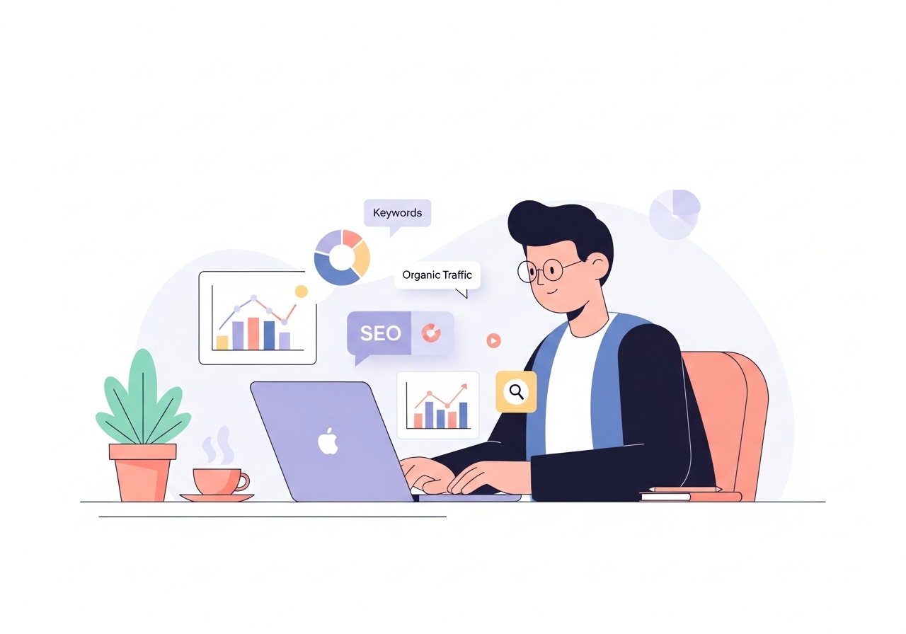 A marketer analyzing SEO data on a laptop to inform the creation of marketing materials.